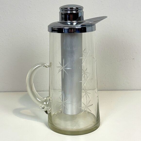 Vintage MCM Atomic Clear Glass Starburst Cut Pitcher with Freezer Tube - Picture 1 of 8